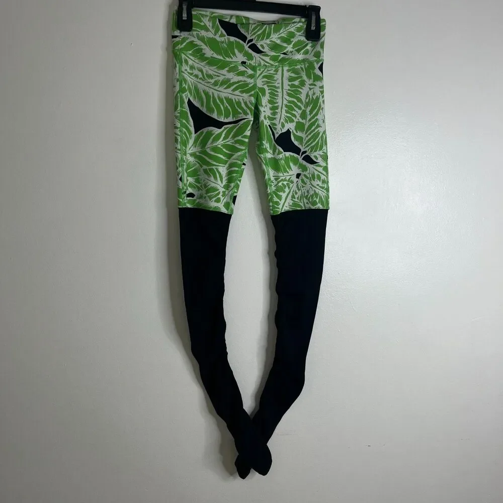 Alo Yoga XXS Green Tropical Print High Waisted Stirrup Leggings Black Stretch